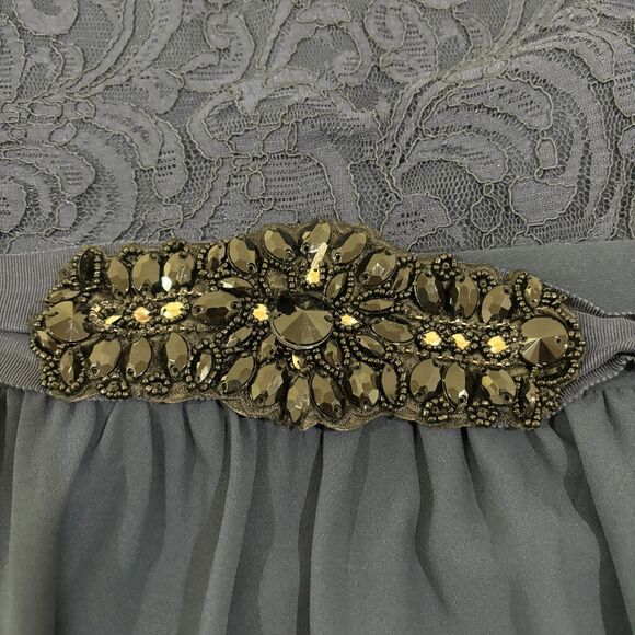 Belle Badgley Mischka Maxi Dress sz 12 Navy Blue Gown Lace Beaded Waist Chiffon - Picture 9 of 12